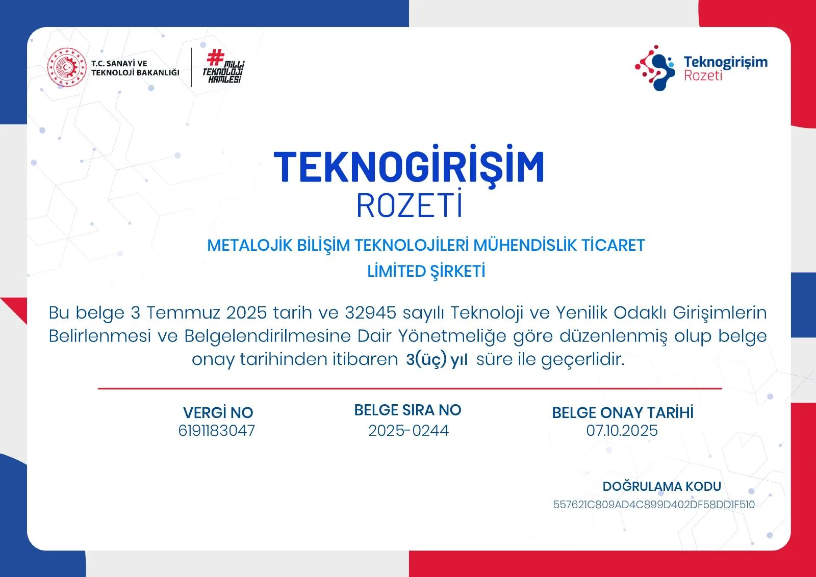 Metalojik Teknogirişim Rozeti belgesi