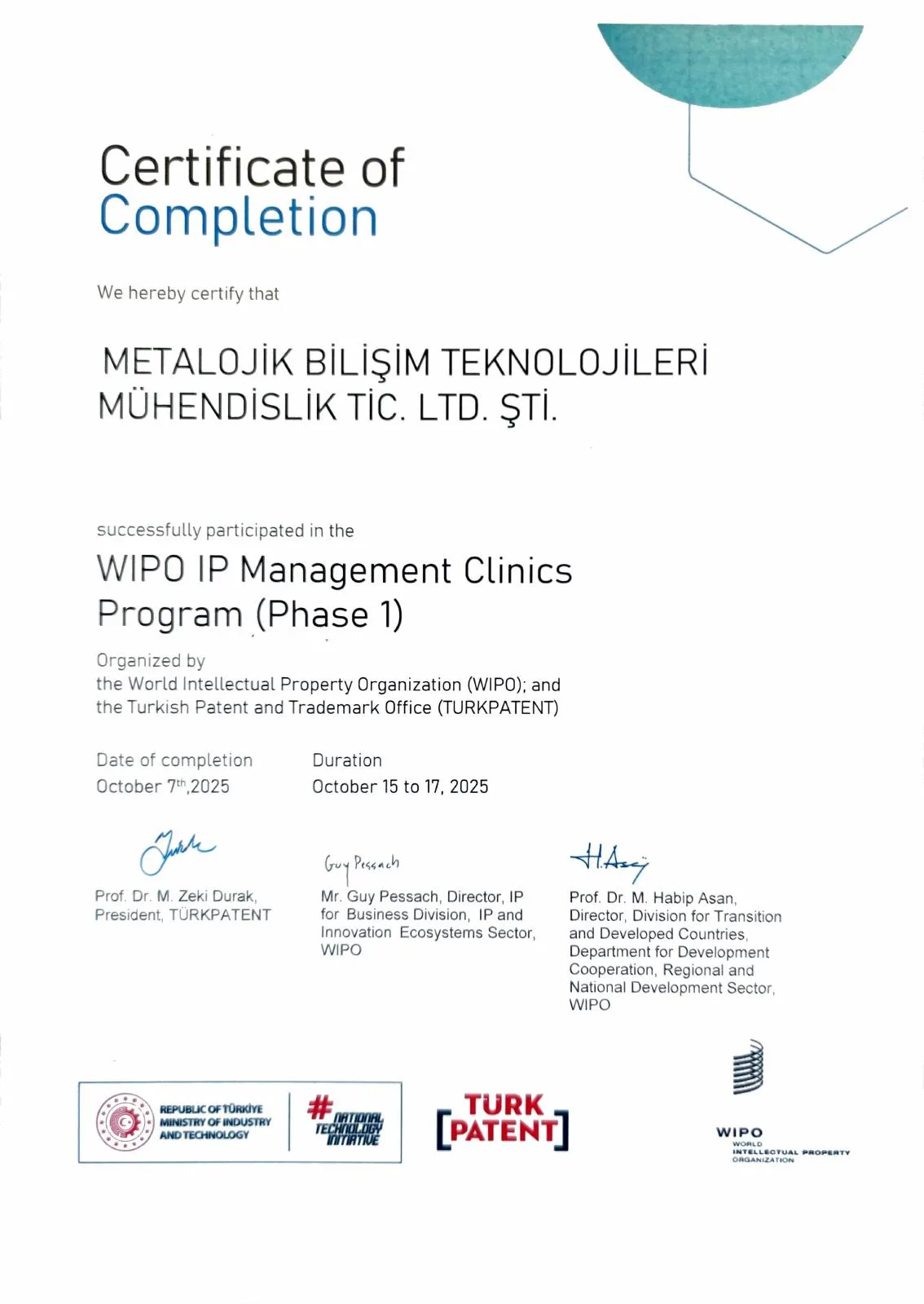 Metalojik adına düzenlenen WIPO tamamlama belgesi
