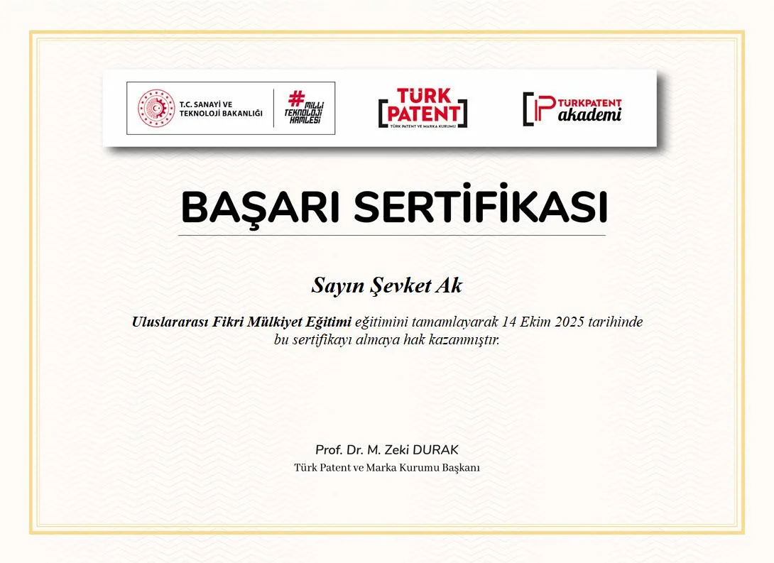 Şevket Ak Uluslararası Fikri Mülkiyet Eğitimi başarı sertifikası
