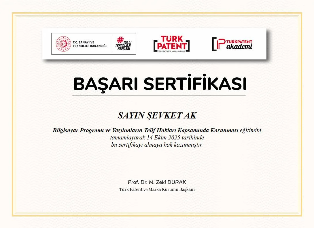 Şevket Ak yazılım telif hakları eğitimi başarı sertifikası